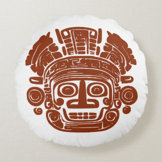 Ancient Mayan Sun God Mask Tribal Art Round Cushion