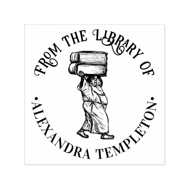 Ancient Monk Carrying Huge Books Library Name Self-inking Stamp (Design)