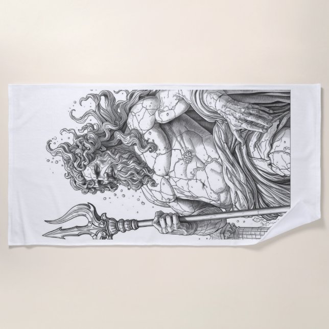 Ancient Neptune Marble Statue Pattern - Mythologic Beach Towel (Front)