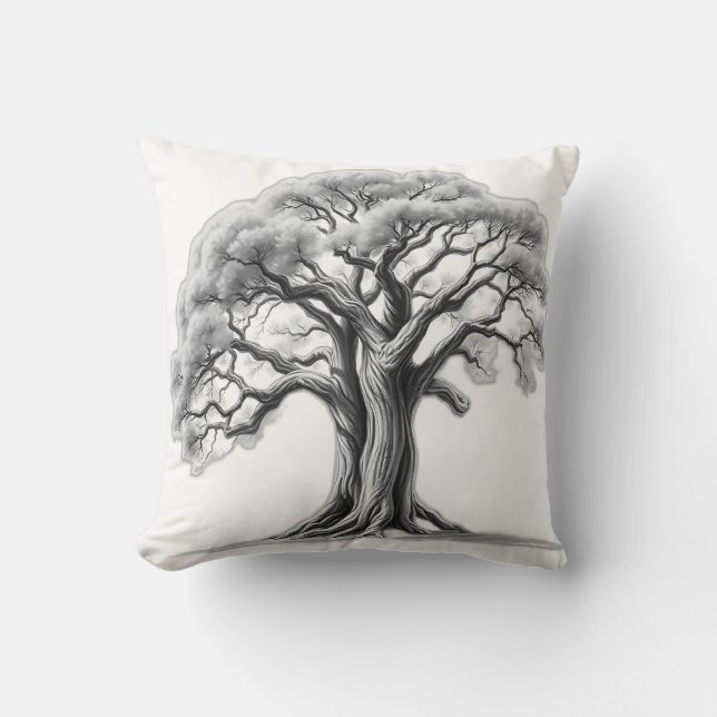 Ancient Oak Tree Charcoal Sketch Cushion (Front)