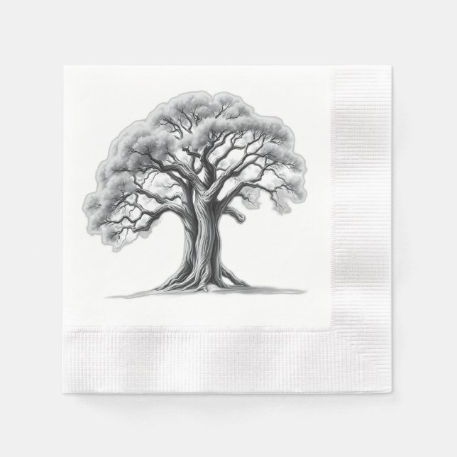 Ancient Oak Tree Charcoal Sketch Napkin (Front)