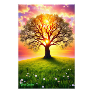 Ancient Oak Tree on Green Hill Sunset Photo Print