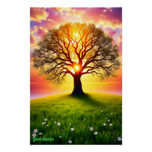 Ancient Oak Tree on Green Hill Sunset Poster