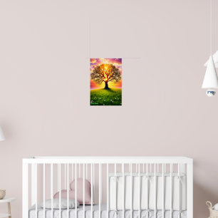 Ancient Oak Tree on Green Hill Sunset Poster