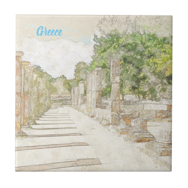 Ancient Olympia Ruins Sketch Ceramic Tile Wall Dec (Front)