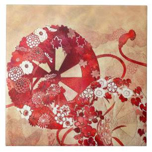 Ancient Orietal Fan & Flowers Tile
