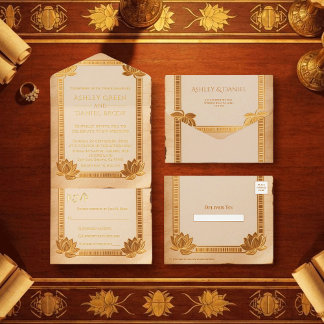 Ancient Papyrus Gold Lotus Egyptian Wedding Foil All In One Invitation