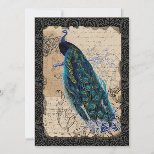 Ancient Peacock Bridal Shower Invite - Black (Front)