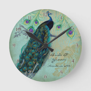 Ancient Peacock & Etchings Personalised Wedding Round Clock