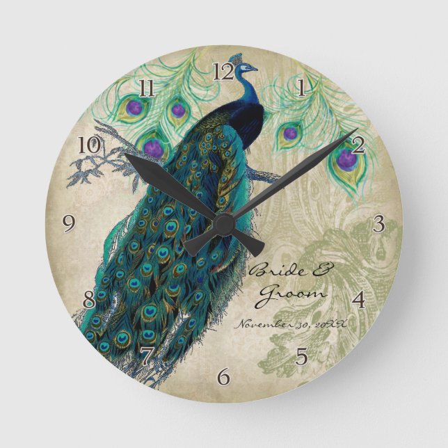Ancient Peacock & Etchings Personalised Wedding Round Clock (Front)