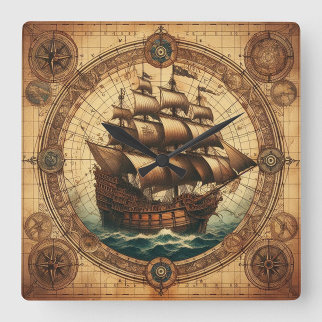Ancient Pirate Sailing Ship 3 Square Wall Clock (Front)