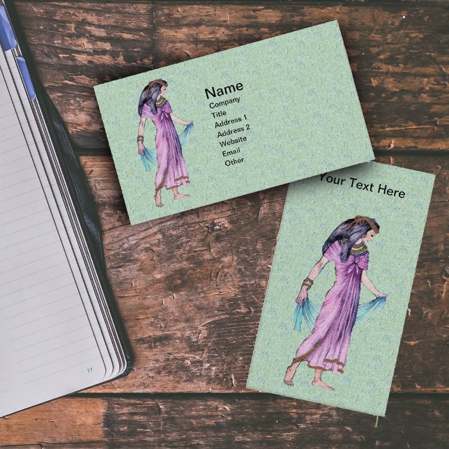 Ancient Pretty Egyptian Lady Princess in Purple Business Card (Ancient Egyptian woman pink dress blue scarf on green with blue business cards.)