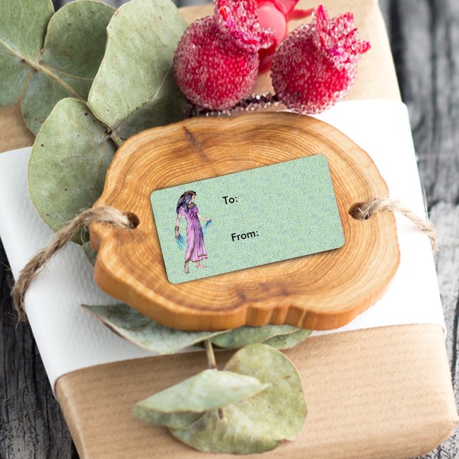Ancient Pretty Egyptian Lady Princess in Purple Label (Ancient Egyptian lady purple dress on mottled green gift tag  / label.)