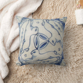 Ancient Rabbit Trio, Blue & White Tile Pillow