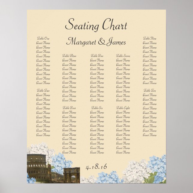 Ancient Rome Blue Hydrangea Seating Chart (Front)