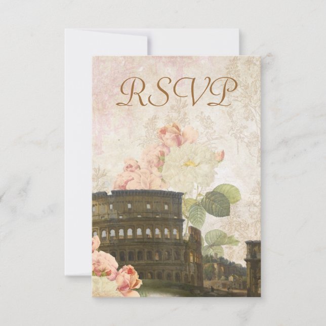 Ancient Rome Pink Rose Vintage RSVP Card (Front)