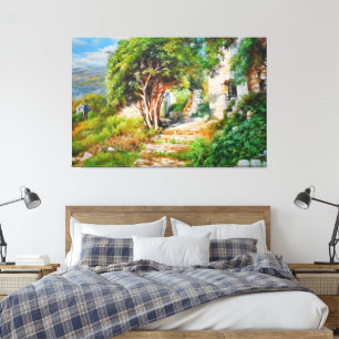 Ancient Ruins with Sunlit Tree – Oil Painting Canvas Print