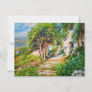 Ancient Ruins with Sunlit Tree – Oil Painting Postcard