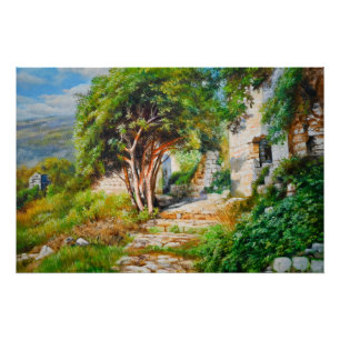 Ancient Ruins with Sunlit Tree – Oil Painting Poster