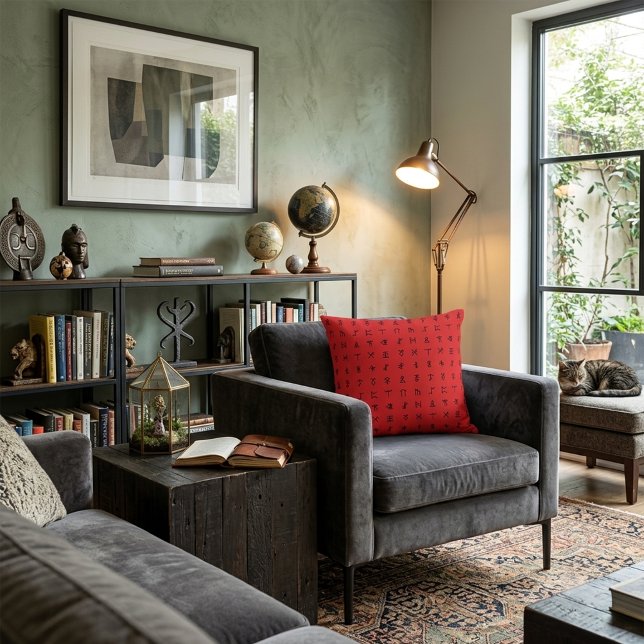 Ancient Runes Pattern on Bold Red Background Cushion (Creator Uploaded)