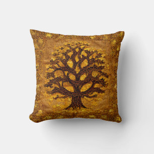 Ancient Rustic Brown & Gold Tree of LIfe by kedoki Cushion