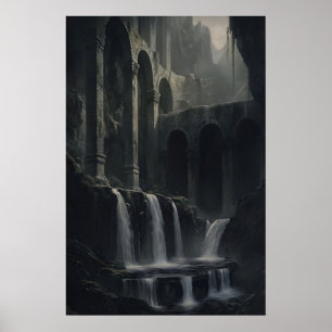 Ancient Rustic Landscape Waterfalls Art Printable Poster