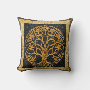 Ancient Rustic Round Gold Tree of LIfe by kedoki Cushion