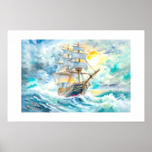 Ancient Sailboat in the Storm Poster