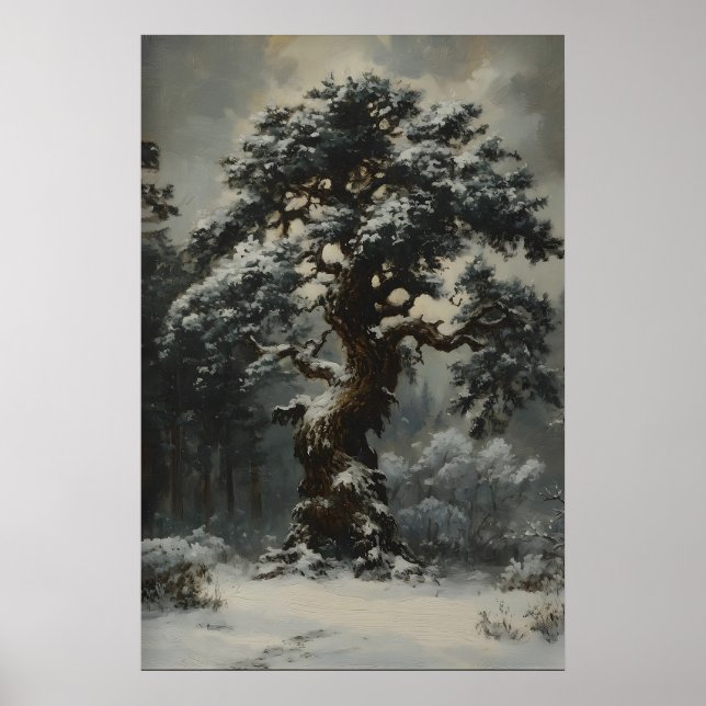 Ancient Snow-Covered Tree Art Printable Rustic Poster (Front)