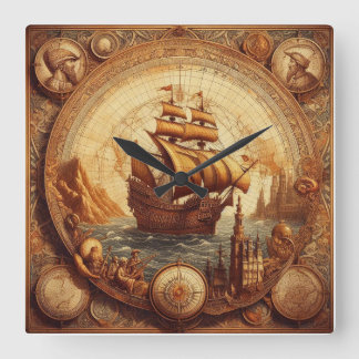 Ancient Spanish Sailing Ship 1 Square Wall Clock
