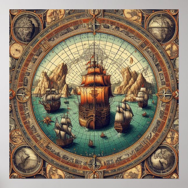 Ancient Spanish Sailing Ship, Map 3 Poster (Front)