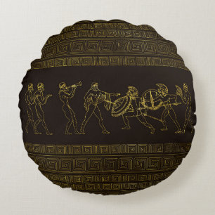 Ancient Sparta  Greece scene on greek pattern Round Cushion