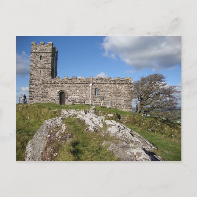 ancient stone church and windswept tree postcard (Front)
