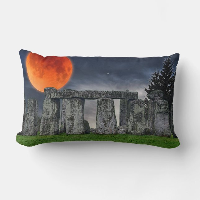 Ancient Stonehenge & Mystical Red Full Moon Lumbar Cushion (Front)