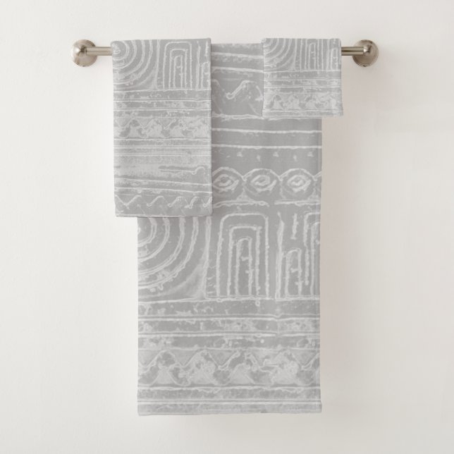 Ancient Sumerian Mesopotamian Pattern Grey Bath Towel Set (Insitu)