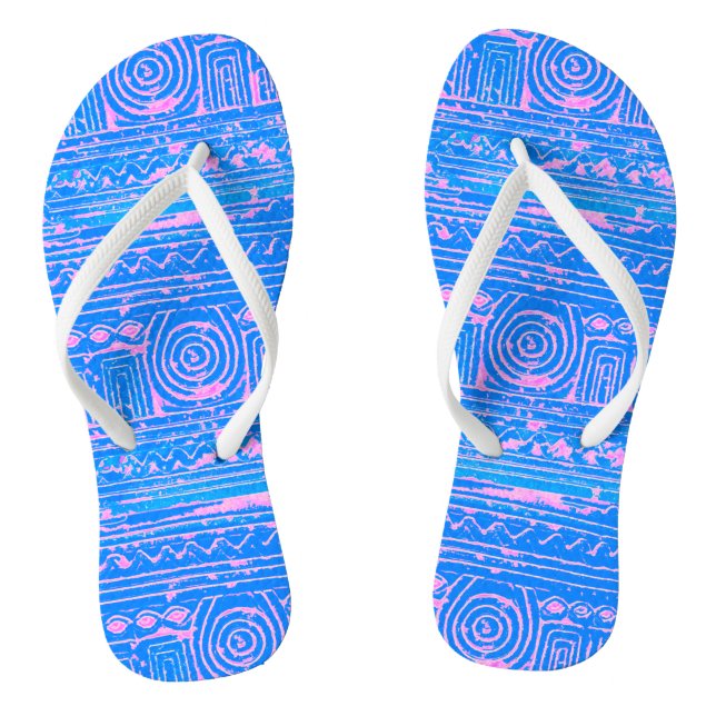 Ancient Sumerian Mesopotamian Pattern Pink Blue Flip Flops (Footbed)