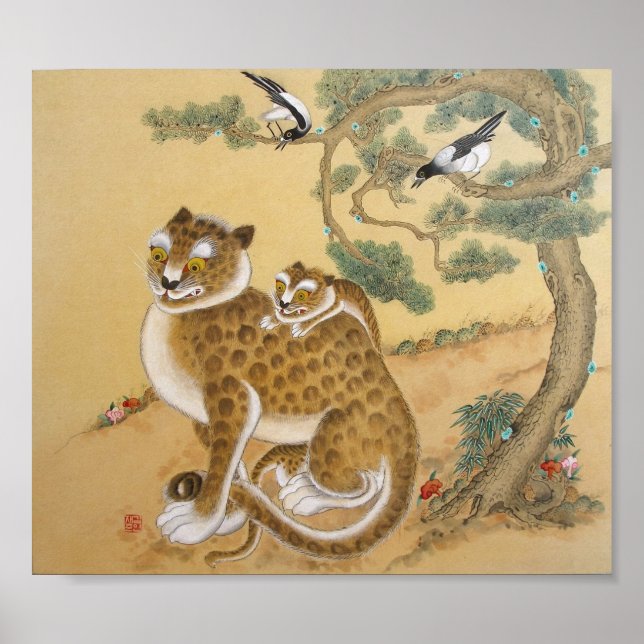 Ancient Tiger family and birds Poster (Front)