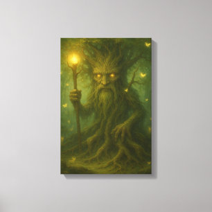 Ancient Tree Guardian with Glowing Eyes and Staff Canvas Print