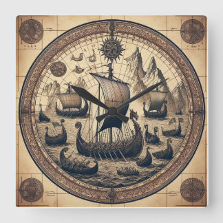 Ancient Viking Sailing Ships 4 Square Wall Clock
