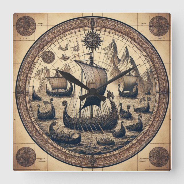 Ancient Viking Sailing Ships 4 Square Wall Clock (Front)