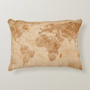 Ancient vintage world map illustrationmap, world, decorative cushion