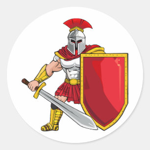 Ancient warrior with sword and shield in helmet an classic round sticker