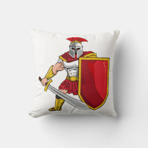 Ancient warrior with sword and shield in helmet an cushion