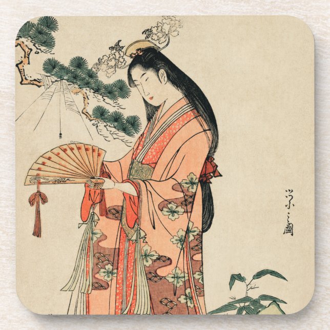 Ancient Wood Drawing of Japanese Woman Coaster (Front)