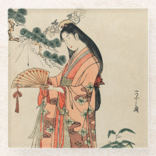 Ancient Wood Drawing of Japanese Woman Glass Coaster