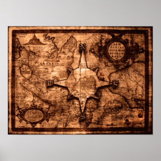 Ancient World Traveler - Map & Compass Rose Poster