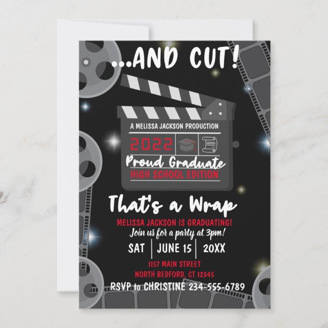And Cut That's a Wrap Graduation Black Invitation (Front)