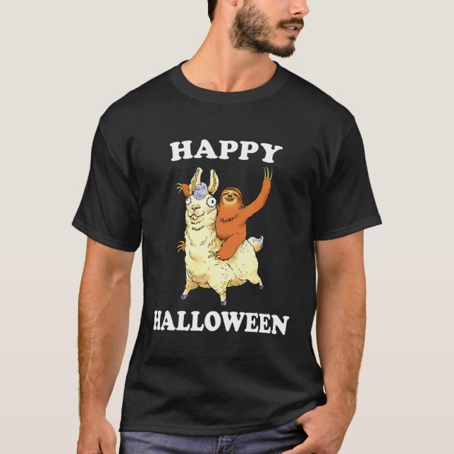 and Cute Happy Halloween Sloth Riding Llama T-Shirt (Front)
