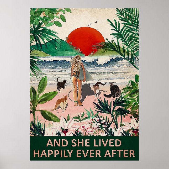 And She Lived Happily Cats Surfing Vertical Poster (Front)