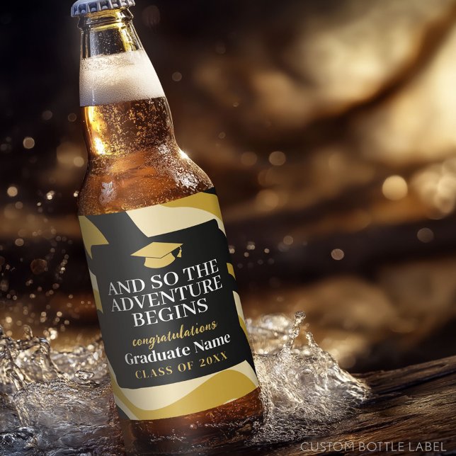And So The Adventure Begins Black Gold Graduation Beer Bottle Label (Custom Beer Bottle Label with a Graduation Design)